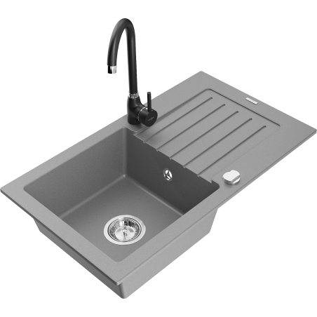 Mexen Pablo granite kitchen sink 1-bowl with drainer and Telma kitchen faucet, gray - 6510-71-670200-70