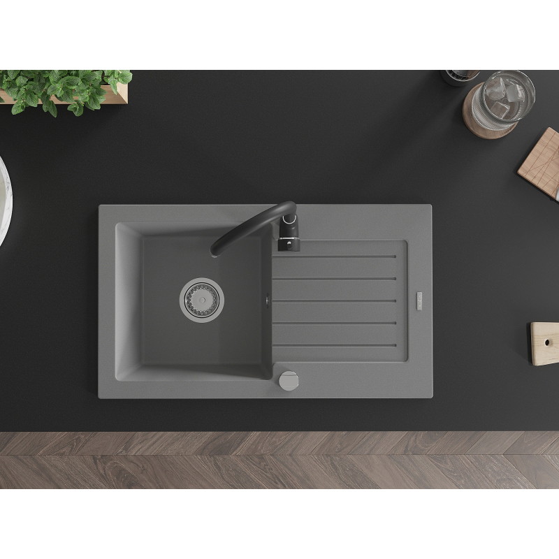 Mexen Pablo granite 1-bowl kitchen sink with drainer and Telma faucet, gray - 6510-71-670200-70