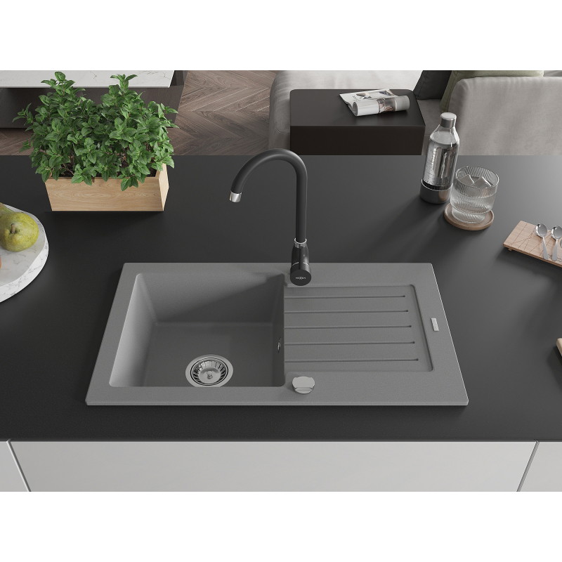 Mexen Pablo granite 1-bowl kitchen sink with drainer and Telma faucet, gray - 6510-71-670200-70