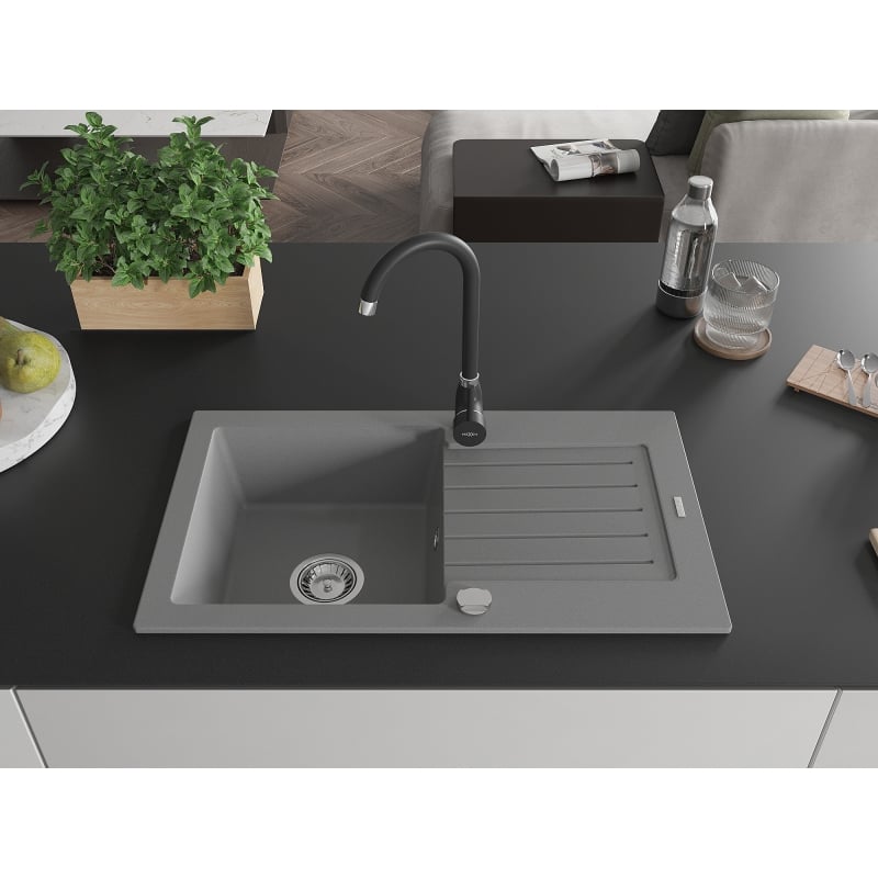 Mexen Pablo granite kitchen sink 1-bowl with drainer and Telma kitchen faucet, gray - 6510-71-670200-70