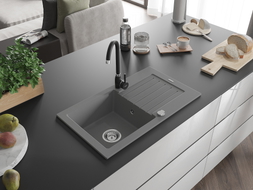 Mexen Pablo granite 1-bowl kitchen sink with drainer and Telma faucet, gray - 6510-71-670200-70