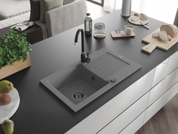 Mexen Pablo single bowl granite sink with drainer and Telma kitchen faucet, gray - 6510-71-670200-70-B