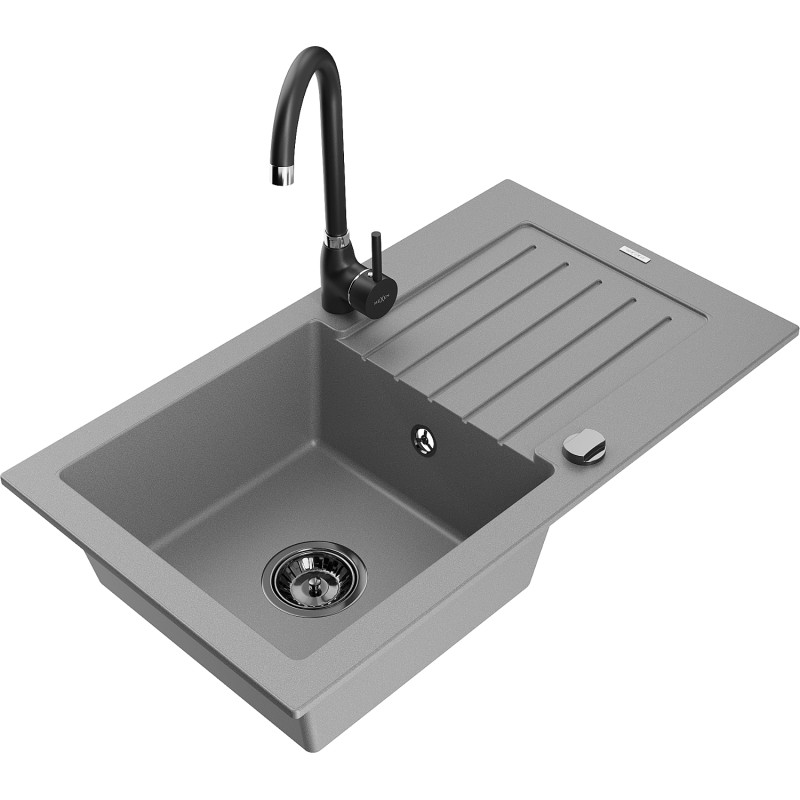 Mexen Pablo 1-bowl granite sink with drainer and Telma kitchen faucet, gray - 6510-71-670200-70-B
