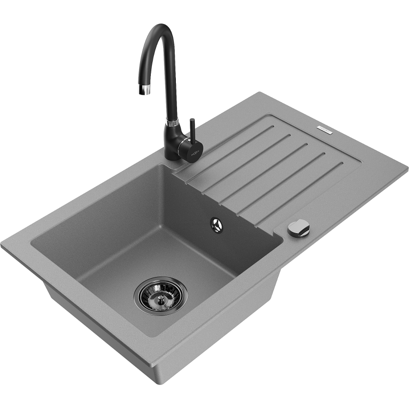 Mexen Pablo single bowl granite sink with drainer and Telma kitchen faucet, gray - 6510-71-670200-70-B