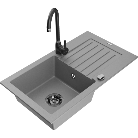 Mexen Pablo 1-bowl granite sink with drainer and Telma kitchen faucet, gray - 6510-71-670200-70-B