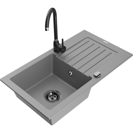 Mexen Pablo single bowl granite sink with drainer and Telma kitchen faucet, gray - 6510-71-670200-70-B