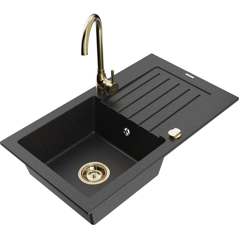 Mexen Pablo granite kitchen sink 1-bowl with drainer and Telma kitchen faucet, black/silver - 6510-73-670200-50