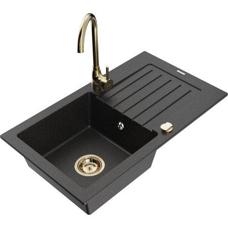 Mexen Pablo 1-bowl granite sink with drainer and Telma kitchen faucet, black/silver - 6510-73-670200-50
