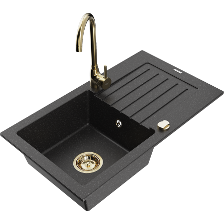 Mexen Pablo granite sink 1-bowl with drainer and Telma kitchen tap, black/silver - 6510-73-670200-50