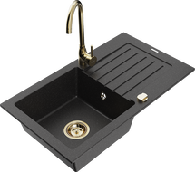 Mexen Pablo granite kitchen sink 1-bowl with drainer and Telma kitchen faucet, black/silver - 6510-73-670200-50
