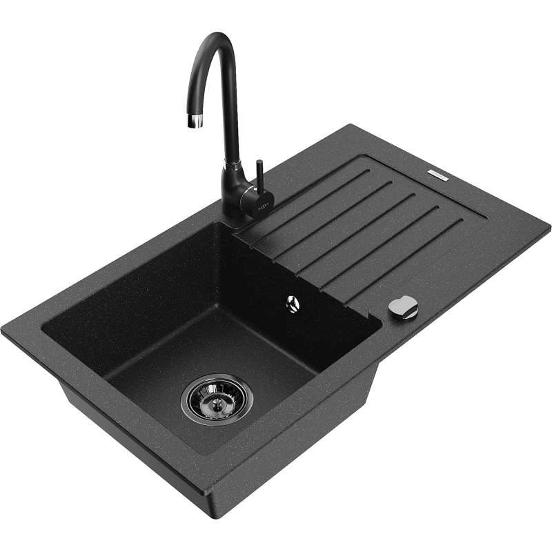 Mexen Pablo granite sink 1-bowl with drainer and Telma kitchen faucet, black/silver - 6510-73-670200-70-B