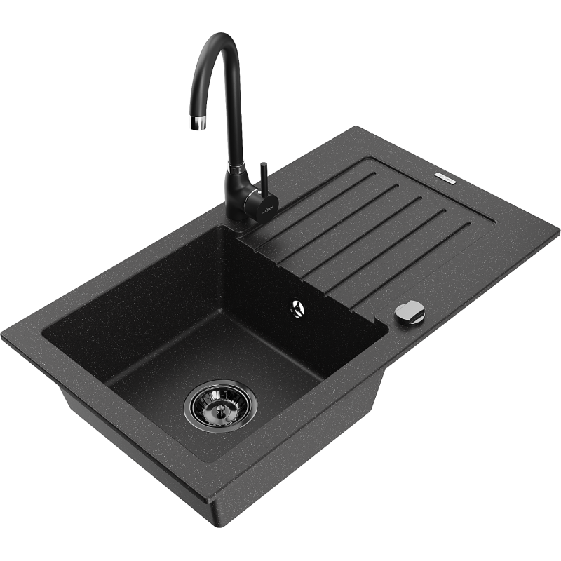 Mexen Pablo granite sink 1-bowl with drainer and Telma kitchen tap, black/silver - 6510-73-670200-70-B