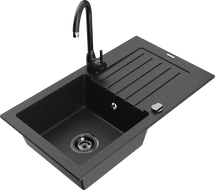 Mexen Pablo granite sink 1-bowl with drainer and Telma kitchen tap, black/silver - 6510-73-670200-70-B