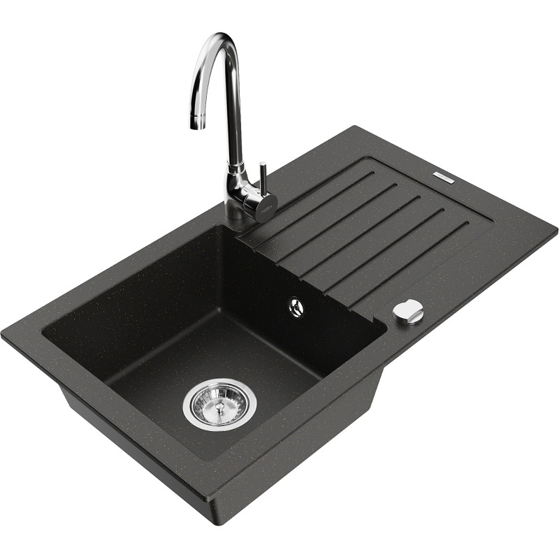 Mexen Pablo 1-bowl granite kitchen sink with drainer and Telma kitchen faucet, black/gold - 6510-75-670200-00