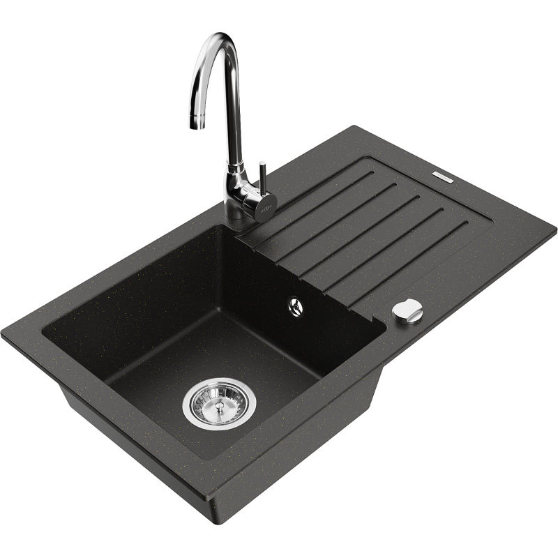 Mexen Pablo 1-bowl granite kitchen sink with drainer and Telma kitchen tap, black/gold - 6510-75-670200-00