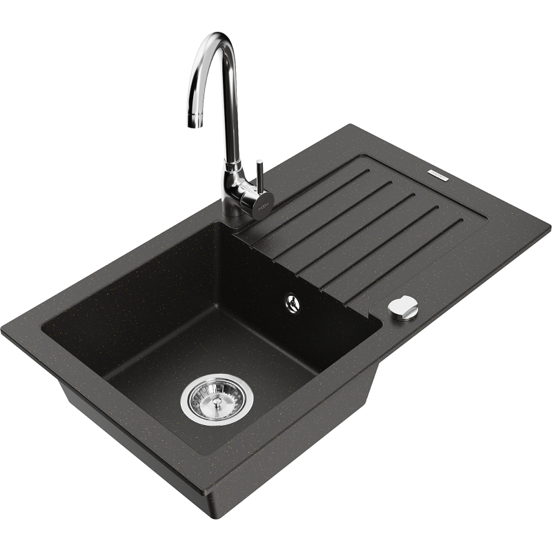 Mexen Pablo granite sink 1-bowl with drainer and Telma kitchen faucet, black/gold - 6510-75-670200-00