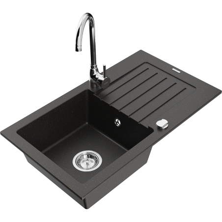 Mexen Pablo 1-bowl granite kitchen sink with drainer and Telma kitchen faucet, black/gold - 6510-75-670200-00