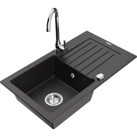 Mexen Pablo granite sink 1-bowl with drainer and Telma kitchen faucet, black/gold - 6510-75-670200-00