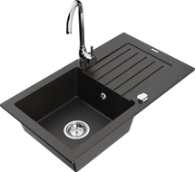 Mexen Pablo granite kitchen sink 1-bowl with drainer and kitchen faucet Telma, black/gold - 6510-75-670200-00