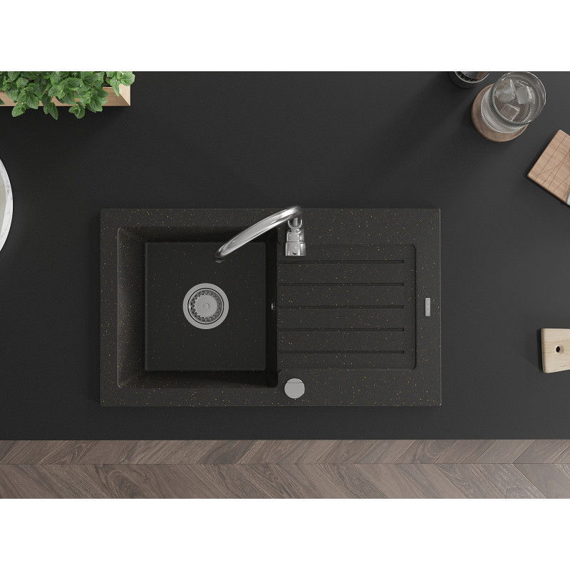 Mexen Pablo 1-bowl granite kitchen sink with drainer and Telma kitchen tap, black/gold - 6510-75-670200-00