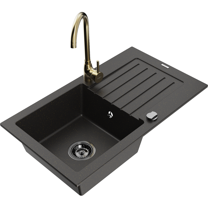 Mexen Pablo 1-bowl granite sink with drainer and Telma kitchen faucet, black/gold - 6510-75-670200-50-B
