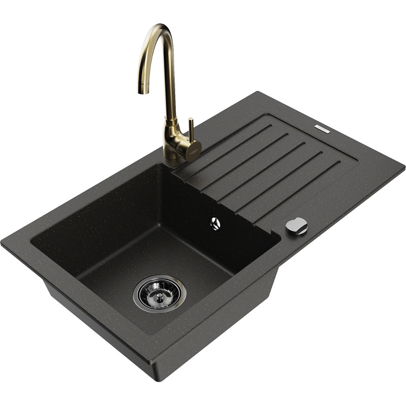 Mexen Pablo granite sink single-bowl with drainer and Telma kitchen faucet, black/gold - 6510-75-670200-50-B