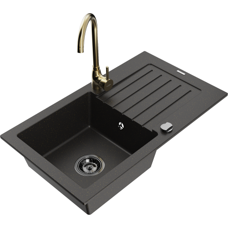 Mexen Pablo granite kitchen sink 1-bowl with drainer and Telma kitchen faucet, black/gold - 6510-75-670200-50-B