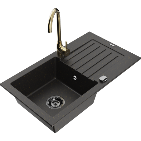Mexen Pablo granite sink 1-bowl with drainer and Telma kitchen tap, black/gold - 6510-75-670200-50-B