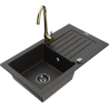 Mexen Pablo granite kitchen sink 1-bowl with drainer and Telma kitchen faucet, black/gold - 6510-75-670200-50-B