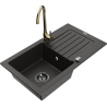 Mexen Pablo granite sink single-bowl with drainer and Telma kitchen faucet, black/gold - 6510-75-670200-50-B