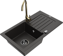 Mexen Pablo granite sink single-bowl with drainer and Telma kitchen faucet, black/gold - 6510-75-670200-50-B