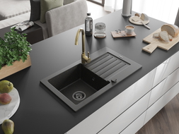 Mexen Pablo granite sink single-bowl with drainer and Telma kitchen faucet, black/gold - 6510-75-670200-50-B