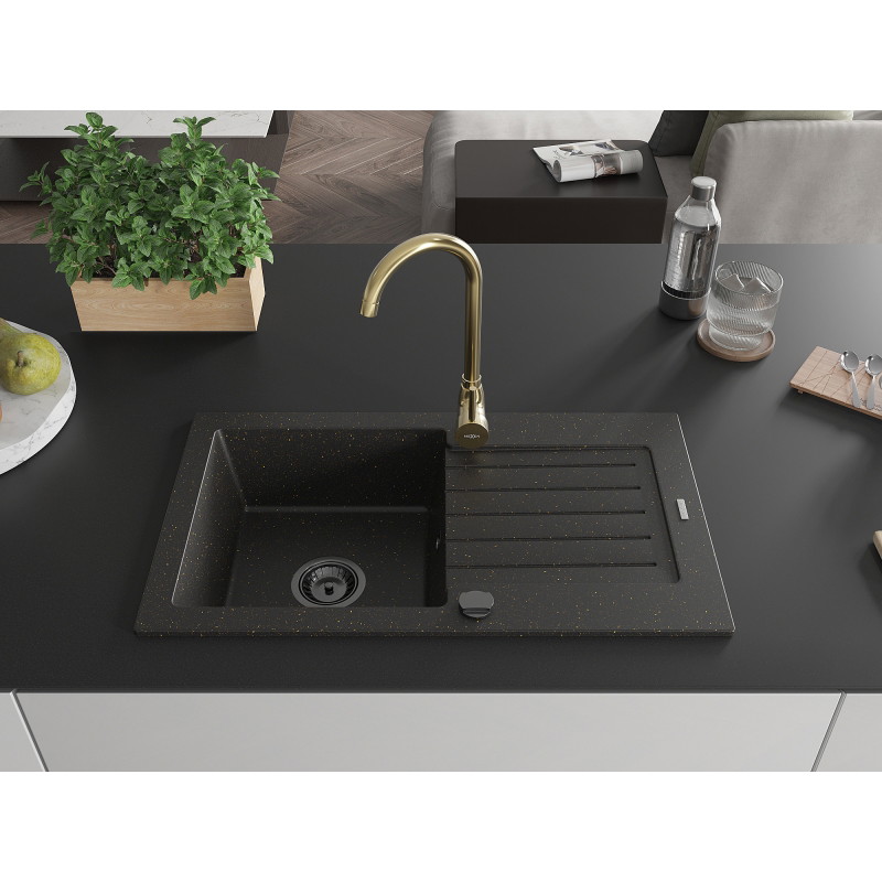 Mexen Pablo granite kitchen sink 1-bowl with drainer and Telma kitchen faucet, black/gold - 6510-75-670200-50-B