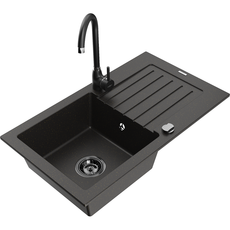 Mexen Pablo granite kitchen sink 1-bowl with drainer and Telma kitchen faucet, black/gold - 6510-75-670200-70-B