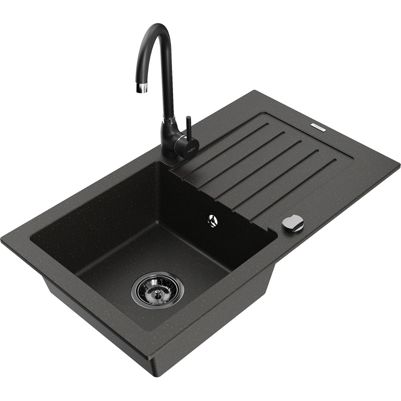 Mexen Pablo granite sink 1-bowl with drainer and Telma kitchen faucet, black/gold - 6510-75-670200-70-B