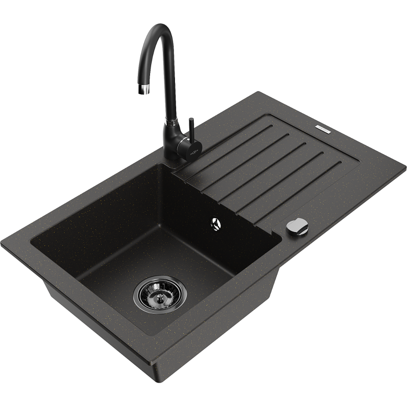 Mexen Pablo granite sink, 1-bowl with drainer and Telma kitchen tap, black/gold - 6510-75-670200-70-B