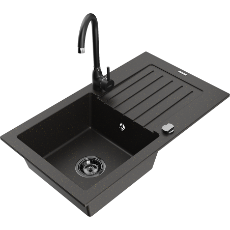 Mexen Pablo granite sink 1-bowl with drainer and Telma kitchen faucet, black/gold - 6510-75-670200-70-B