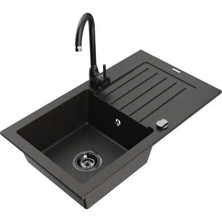 Mexen Pablo granite sink, 1-bowl with drainer and Telma kitchen tap, black/gold - 6510-75-670200-70-B