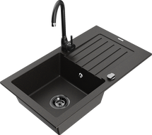Mexen Pablo granite sink 1-bowl with drainer and Telma kitchen faucet, black/gold - 6510-75-670200-70-B