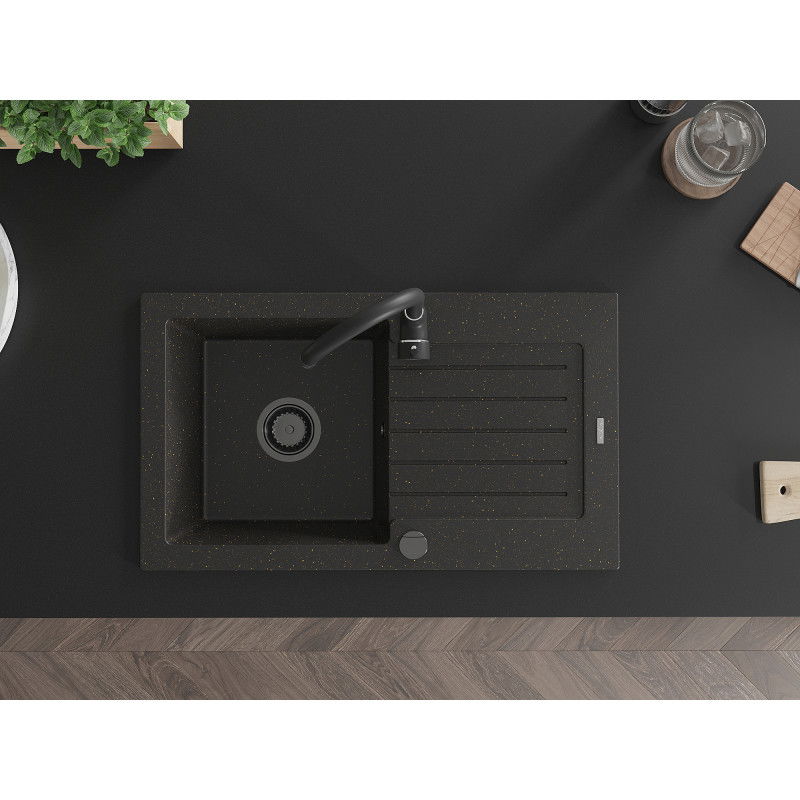 Mexen Pablo granite sink, 1-bowl with drainer and Telma kitchen tap, black/gold - 6510-75-670200-70-B