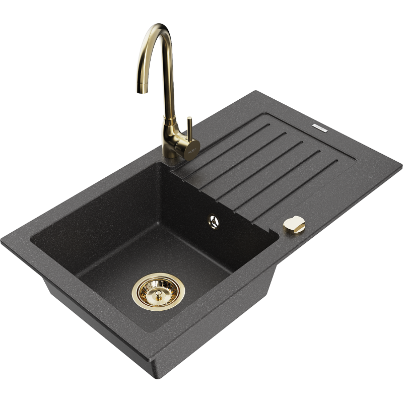 Mexen Pablo 1-bowl granite sink with drainer and Telma kitchen tap, speckled black - 6510-76-670200-50