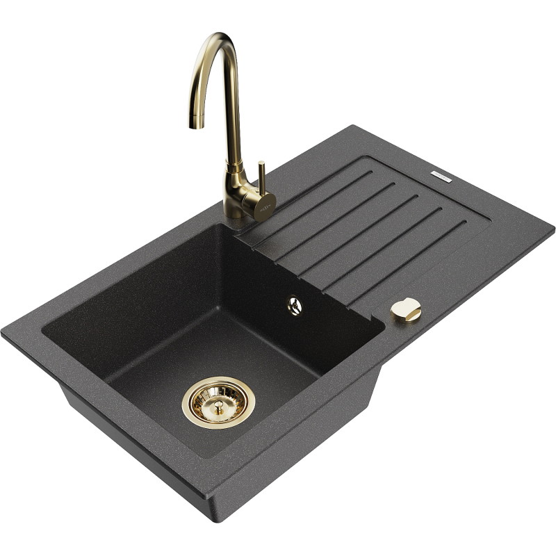 Mexen Pablo granite 1-bowl kitchen sink with drainer and Telma kitchen faucet, speckled black - 6510-76-670200-50
