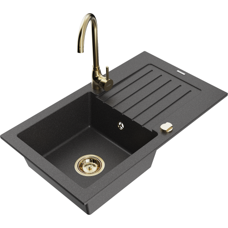 Mexen Pablo 1-bowl granite sink with drainer and Telma kitchen tap, speckled black - 6510-76-670200-50