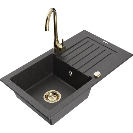 Mexen Pablo granite kitchen sink 1-bowl with drainer and Telma kitchen tap, speckled black - 6510-76-670200-50