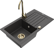 Mexen Pablo granite kitchen sink 1-bowl with drainer and Telma kitchen tap, speckled black - 6510-76-670200-50