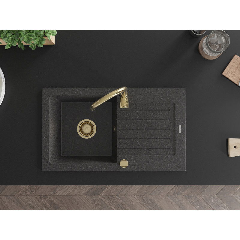 Mexen Pablo 1-bowl granite sink with drainer and Telma kitchen tap, speckled black - 6510-76-670200-50