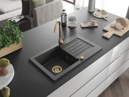 Mexen Pablo granite 1-bowl kitchen sink with drainer and Telma kitchen faucet, speckled black - 6510-76-670200-50