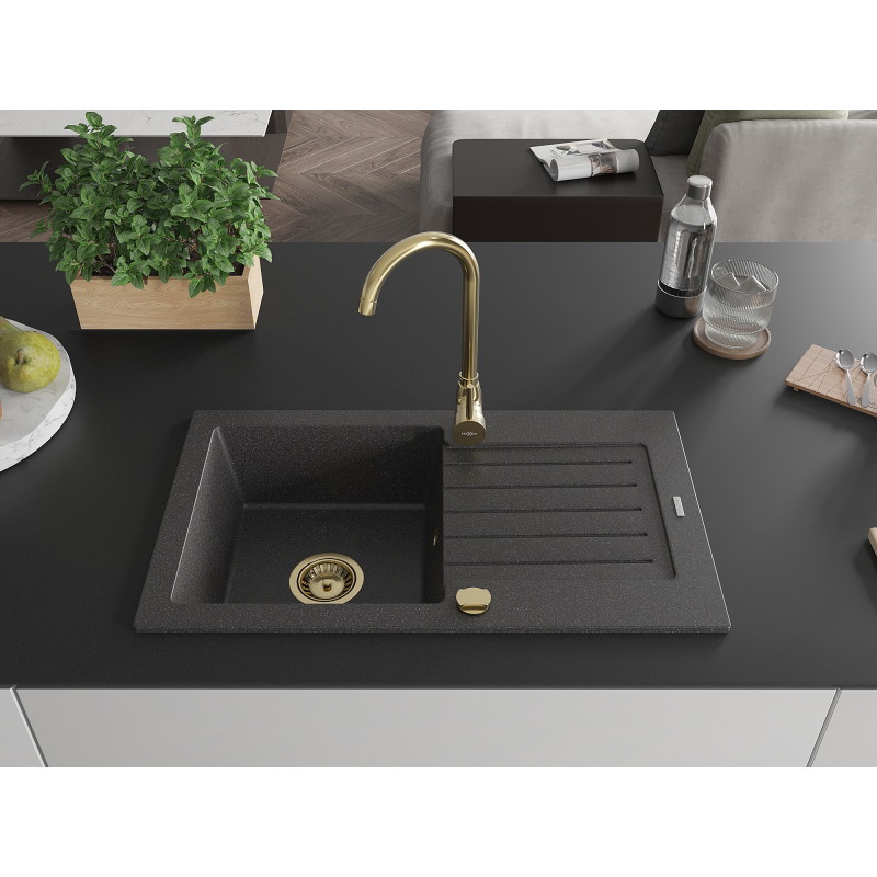 Mexen Pablo one-bowl granite sink with drainer and Telma kitchen faucet, speckled black - 6510-76-670200-50
