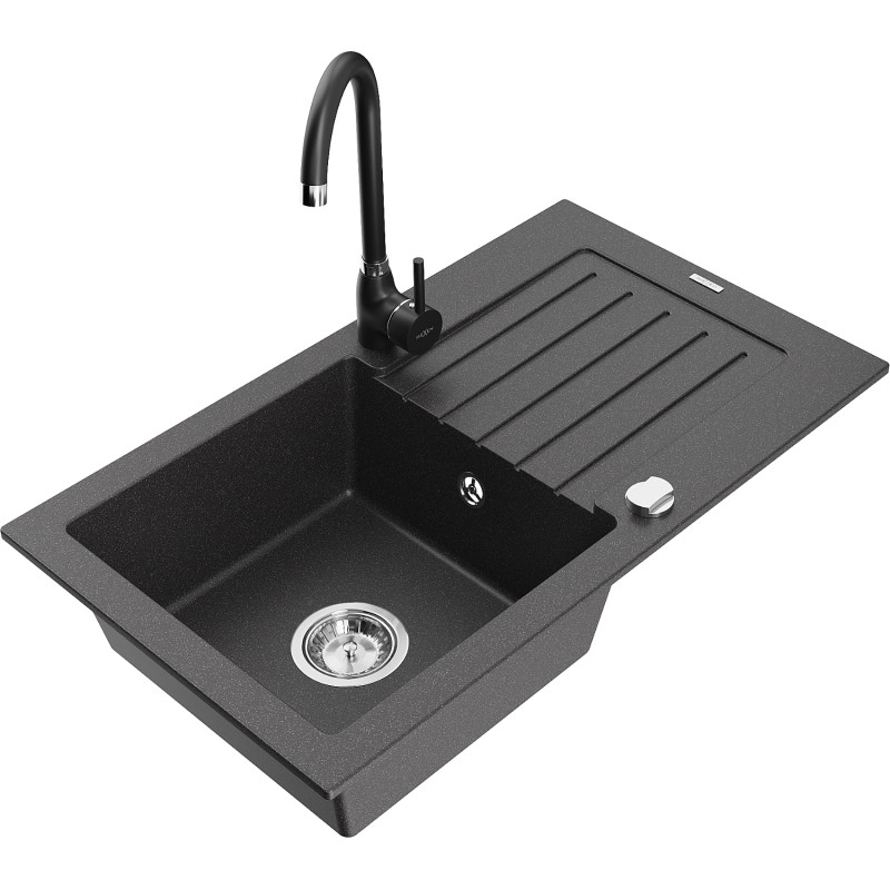 Mexen Pablo granite sink 1-bowl with drainer and Telma kitchen faucet, black speckled - 6510-76-670200-70