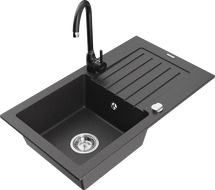 Mexen Pablo granite kitchen sink 1-bowl with drainer and kitchen faucet Telma, black speckled - 6510-76-670200-70